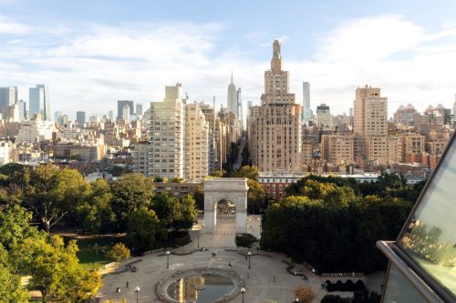 aerial shot of washington square park in the late spring