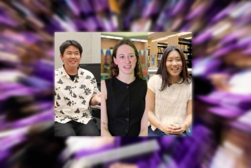 collage of three students on trippy purple NYU graduation background